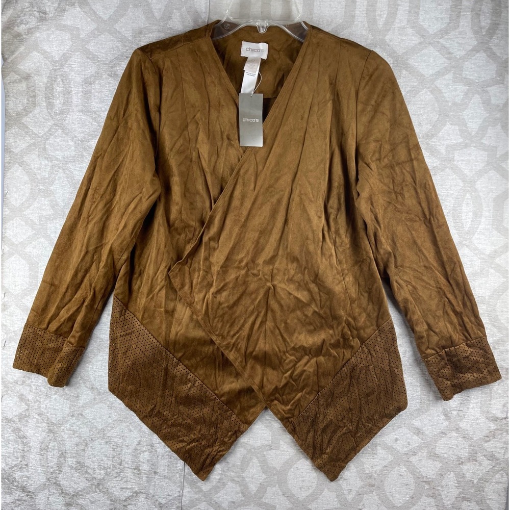 Chico's Drape Jacket Women 0 Small Brown Faux Suede Perforated NWT